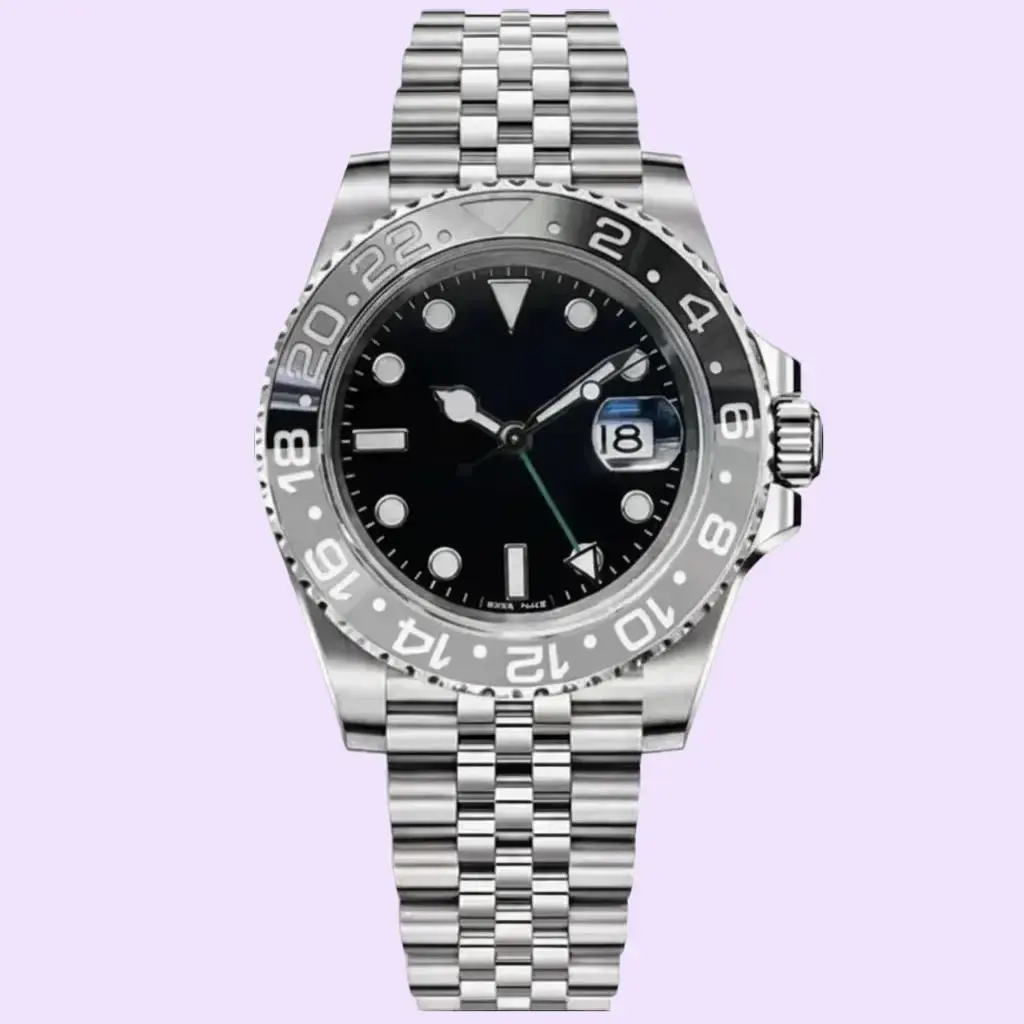 Men's 41MM GMT Analog Mechanical Watch - Stainless Steel Band Wristwatch with Black Bezel, Sapphire Crystal Glass, Logo Detail, Automatic Mechanical Movement, Waterproof Luxury-Inspired Casual Timepiece, Round Dial Watch, Stainless Steel Wristwatch