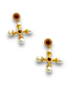 Italian Riviera Earrings with Gold Cross Pendant and Pearl Accents