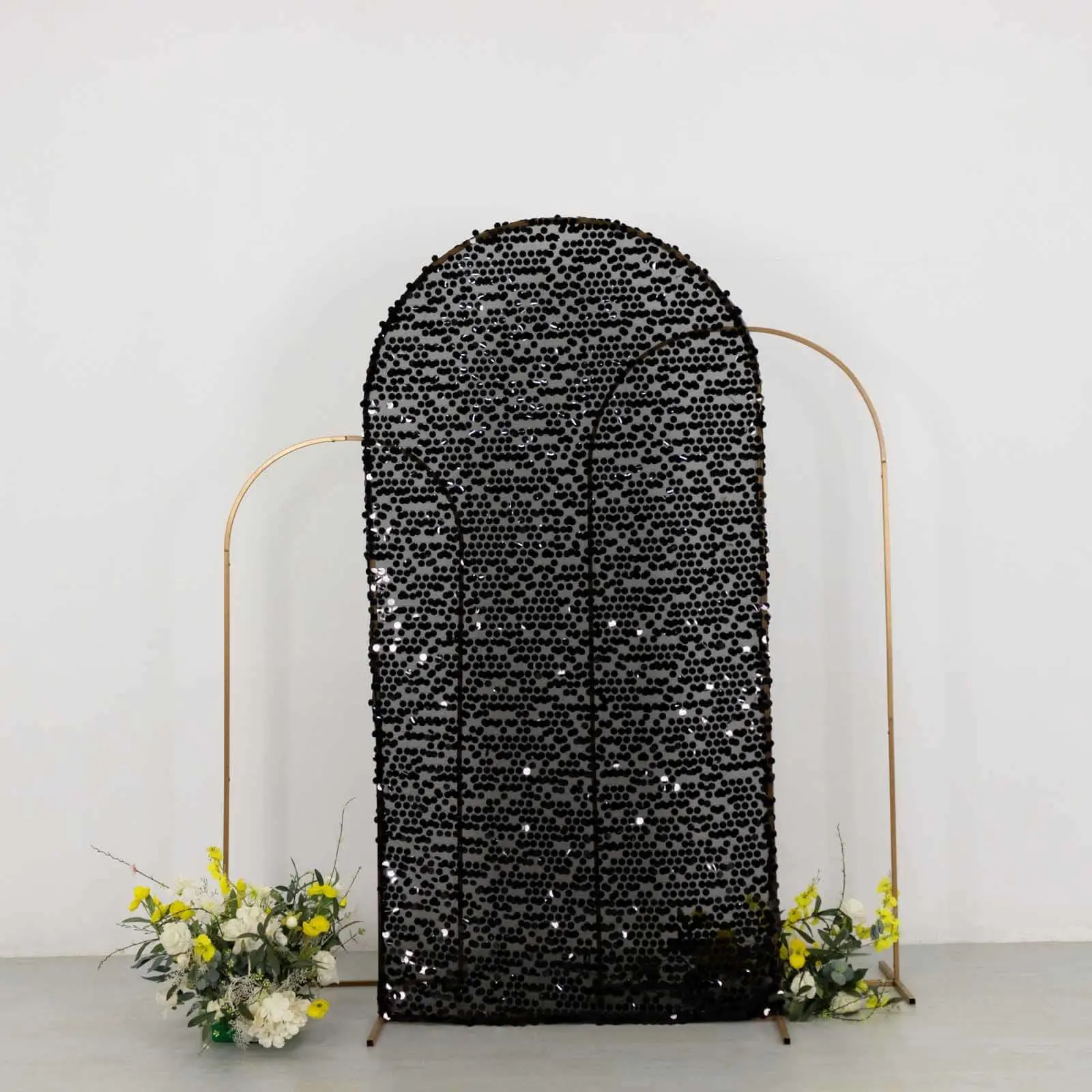 7ft Sparkly Black Big Payette Sequin Fitted Chiara Backdrop Stand Cover for Round Top Wedding Arch, Home Supplies, Black Shimmer Backdrop for Baby Shower Ceremony