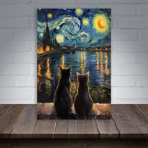 1 Pc cats painting waterfront Wooden Framed Canvas painting Thickness 2.25cm/0.9inch High quality Wall Art Prints Poster Direct hanging Wall Picture Decor for Home Gifts, living room, bathroom, bedroom, kitchen