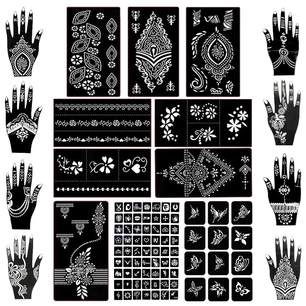 18 Sheets 97PCS Henna Tattoo Stencil Kit, Reusable Mehndi Templates for Indian Weddings, Bridal Mehndi, Music Festivals, Summer Parties, Body Art Temporary Tattoo Stencils