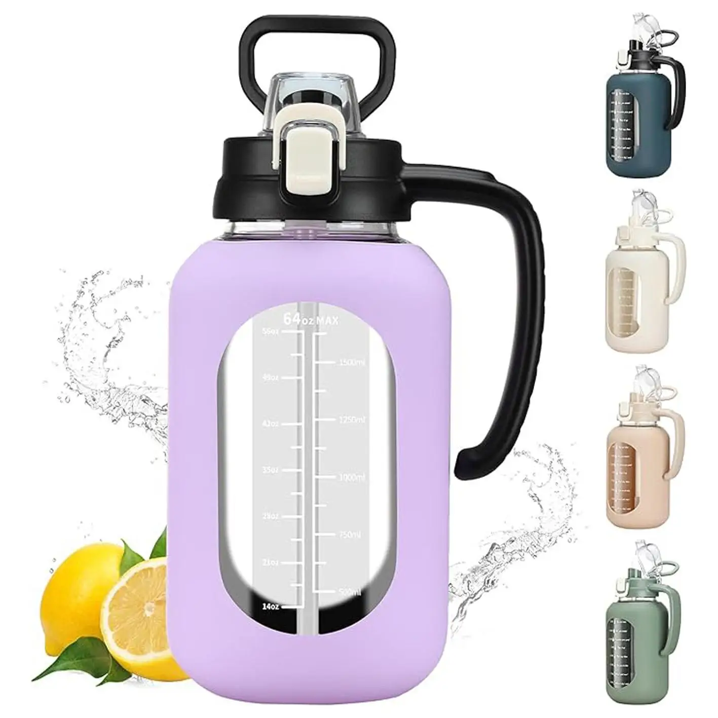 【WINSA】 64 oz Glass Water Bottle with Lid and Handle Half Gallon Water Bottle with Time Marker Large Water Bottle with Silicone Sleeve for Coffee, Jui