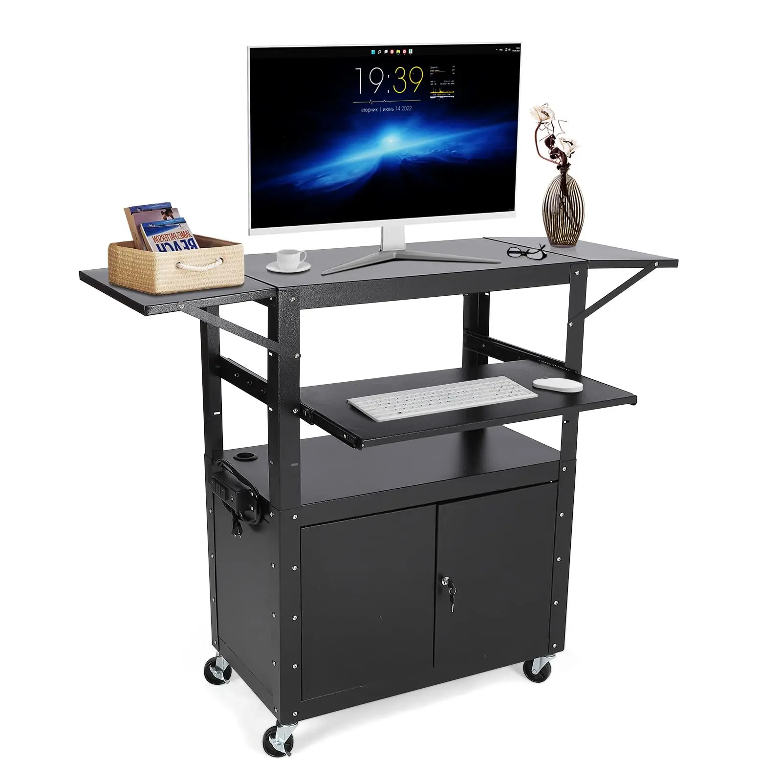【GARVEE】Height Adjustable Rolling AV Cart with Locking Cabinet, Laptop Stand, Drop Leaves, Mobile Utility Workstation for Office and Classroom with Extra Storage Space and Power Strip