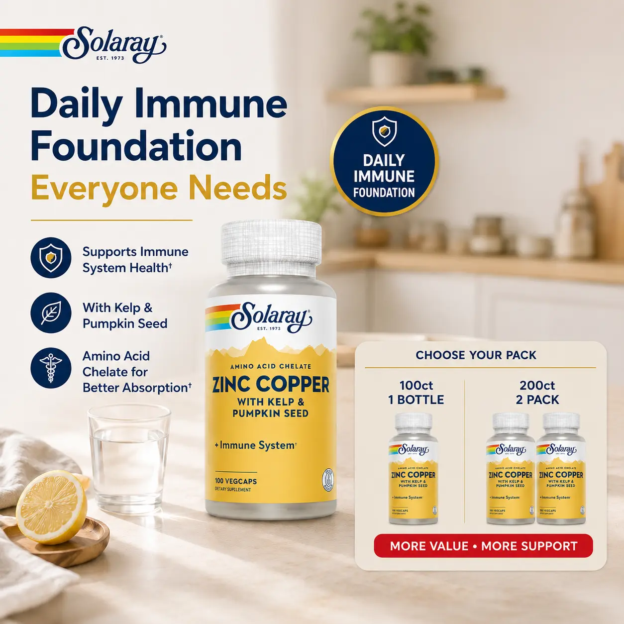 Solaray Zinc Copper VegCaps — 50mg Zinc + Copper + Iodine — Daily Immune Stack