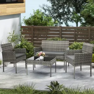 4 Piece Patio Furniture Set, Outdoor PE Rattan Conversation Set with Washable Cushions & Tempered Glass Tabletop, Wicker Chairs and Table Set for Porch, Garden, Balcony (Grey)