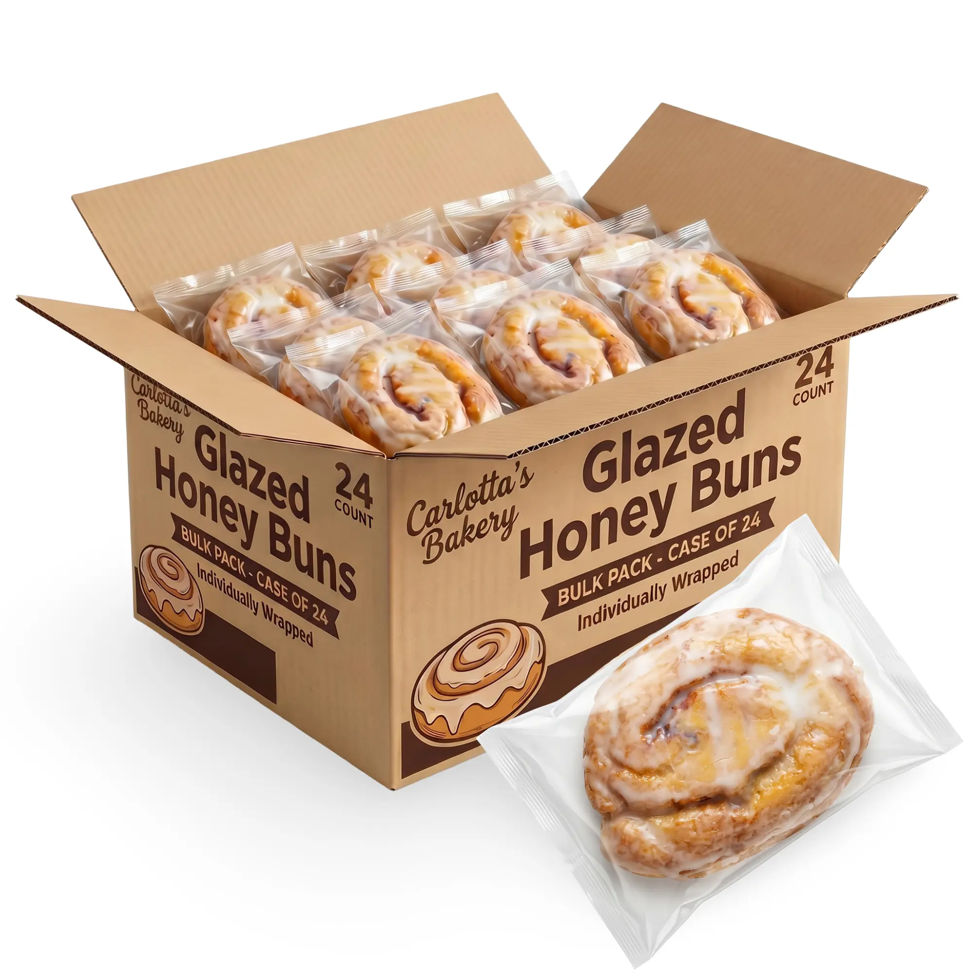 Carlotta's Bakery Glazed Honey Buns 24 Count, Individually Wrapped Sweet Cinnamon Swirl Pastries