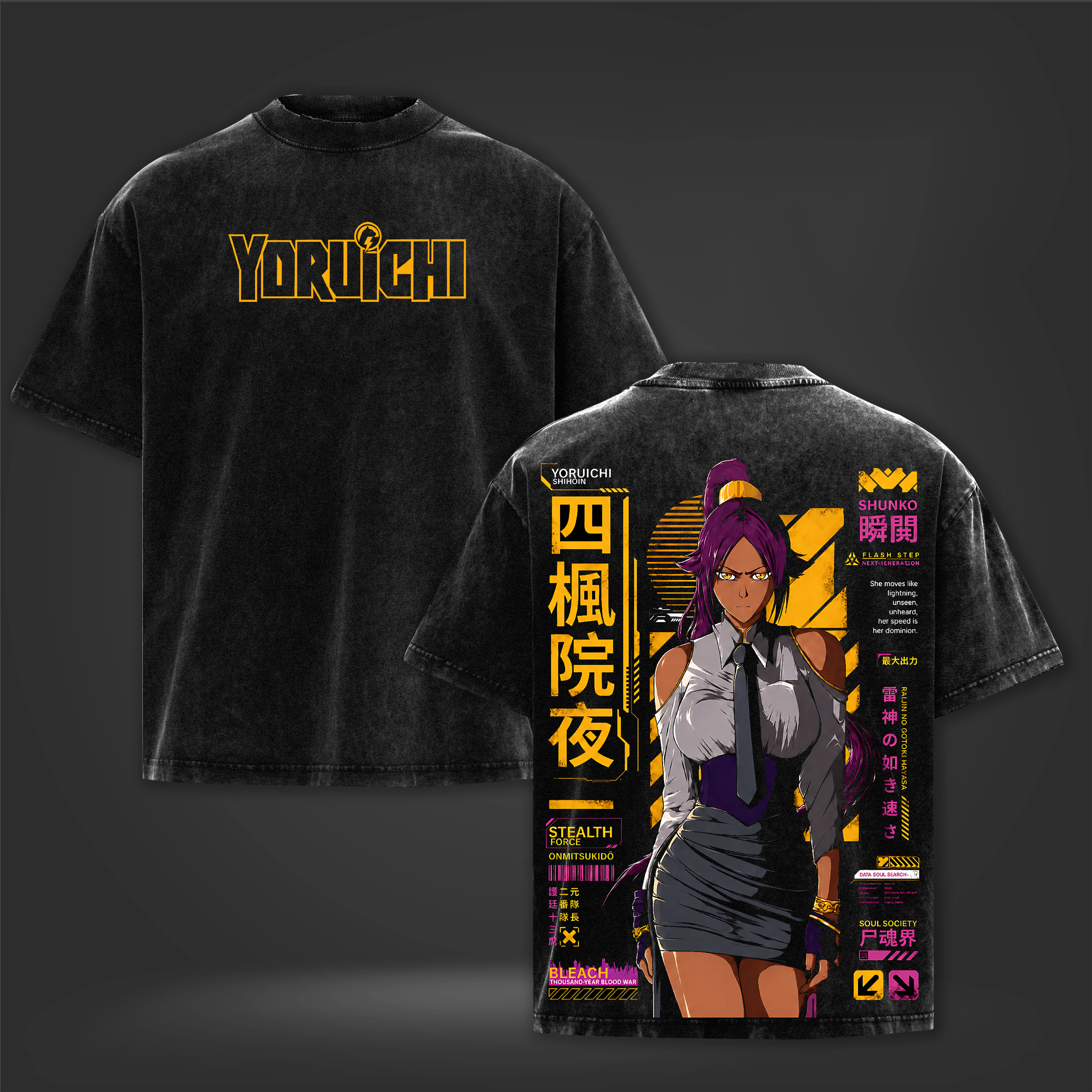 Bleach Yoruichi Shihōin Flash Step Anime Graphic T-Shirt, Vintage Washed Oversized Black Tee, Front and Back Print