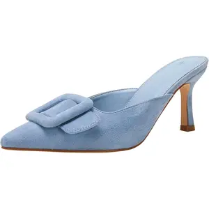Coutgo Women's Heeled Mules Pointed Toe Suede Buckle Slip On Sandals Kitten Heels Party Wedding Shoes