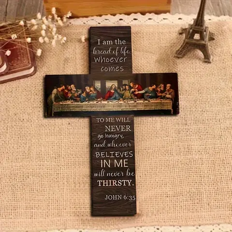 【Black Friday】Vintage Wooden Wall-Hung Cross, "The Last Supper" Wooden Cross Decor, 8X12 inches, for Indoor Living Room Decoration on Christmas, Easter, 2D Flat, Religious & Spiritual Home Decor