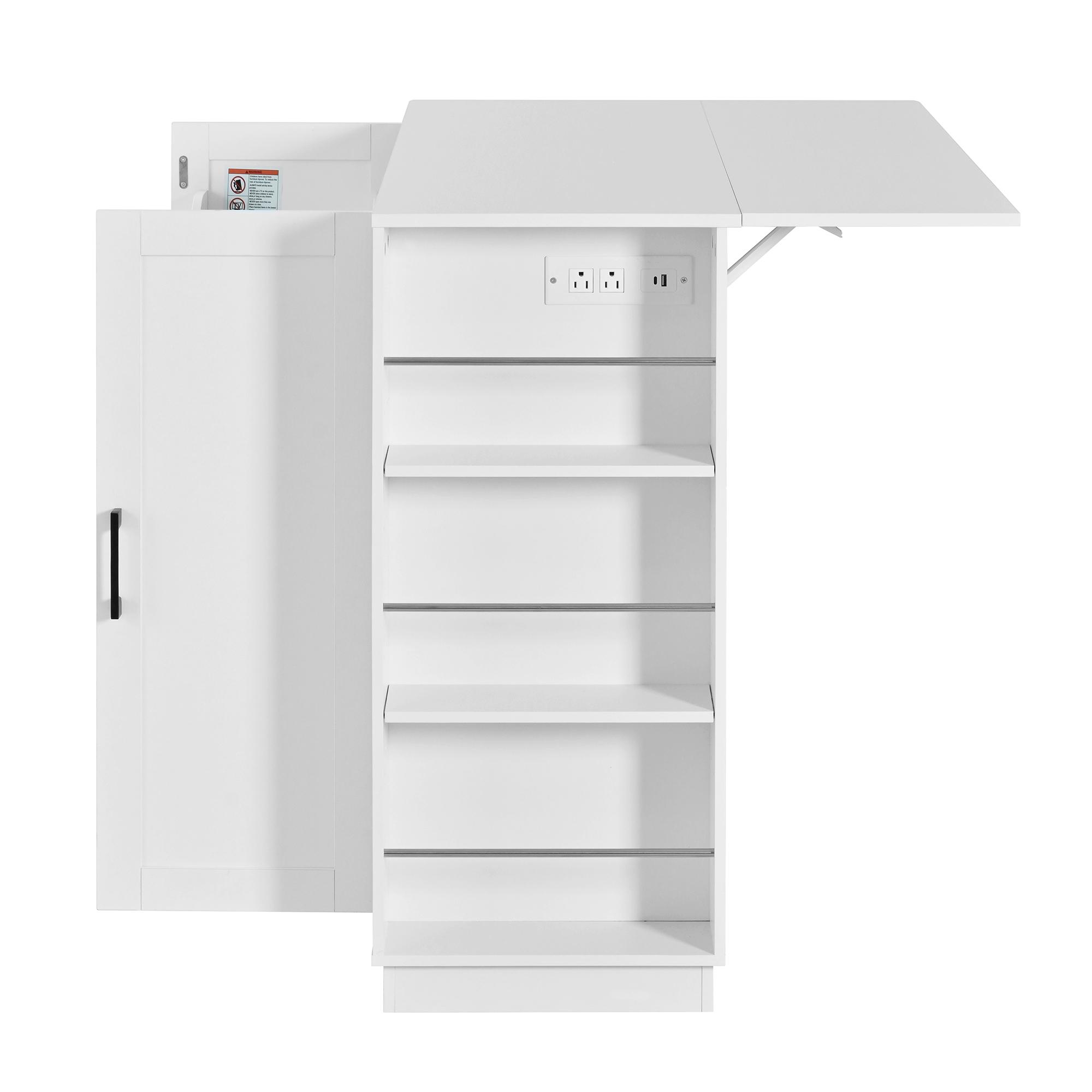 47.2" Multi-functional Extendable Kitchen Island with Drop Leaf, Built-in Power Outlet, Home Coffee Bar Wine Cabinet with Bottle Rack & Glass Holder, 2-Door Buffet Sideboard with Open Side Storage Shelves, Water-resistant Easy Clean MDF, Space Saving