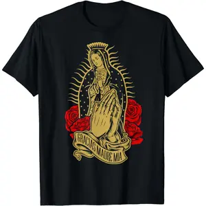 [100% Cotton] Golden Virgin Of Guadalupe Prayer T-Shirt With Red Roses Design .