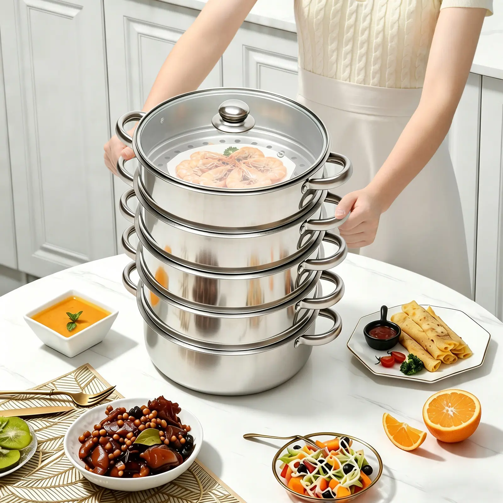 5-Tier Stainless Steel Multifunctional Steamer Flexible 4-Grid + 1-Pot Design, Ideal for Daily Nutritious Meals & Low-Fat Diets