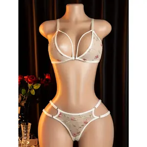 Sexy Lingerie with Embroidered Flowers Front Button Bra New Style Pajamas Date Robe Bed Passion Set Women'S Sexy Lingerie And Panties Bold Erotic Clothing Exposing Exotic And Seductive Lingerie (Includes: Lingerie + Panties) Floral Fabric