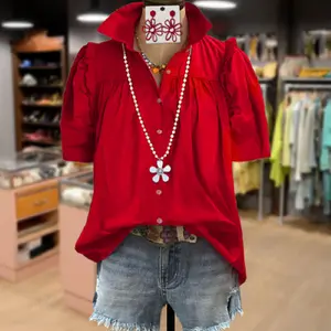 Cherrybetty Solid Ruffle Short Sleeve Button Up Blouse Going Outfits Blouses Women Vintage 90s Tops Funny Shirts Women Elegant Classy Tops Blouse cute summer outfit boho Casual Womenswear plus size flowy tops for Teachers and Moms SpringStatements