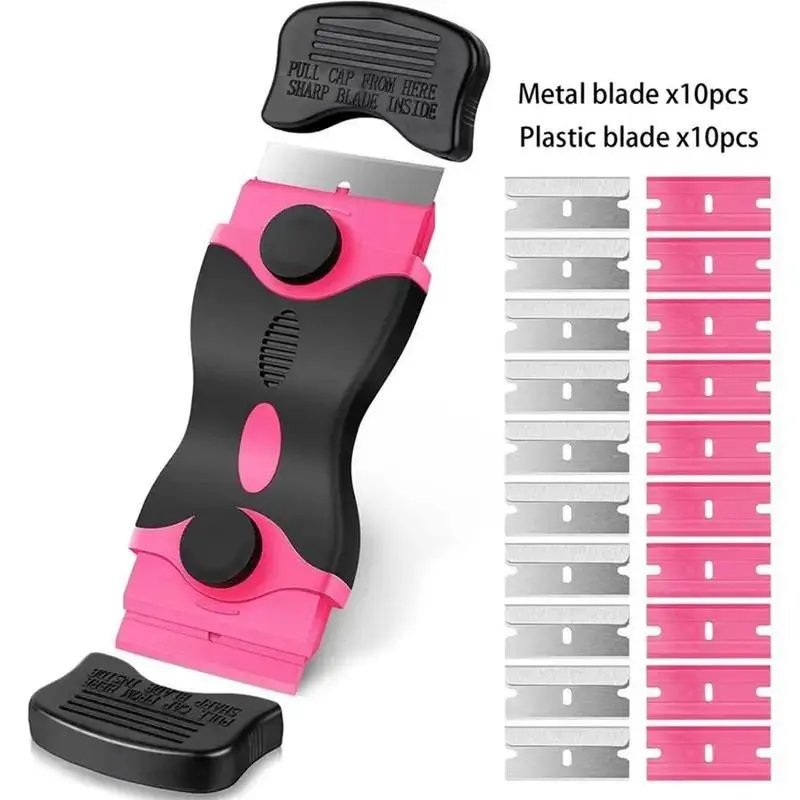 【Fall Deals For You】THINKWORK Pink Razor Blade Scraper Tool, Cleaning Razor Scraper for Glass, Glass Top Stove Scraper for Oven Door, Razor Scraper Gift for Women, 2-in-1 Scraper Tool Set with 20Pcs Razor Blades for Removing Window Labels (1 Pack)