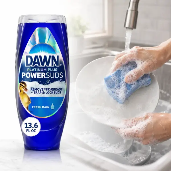 Dawn Platinum Plus Dish Soap 13.6 oz EZ-Squeeze Bottle,PowerSuds,2X suds,grease remover,food residue,Trap & Lock,quick drying,spotless shine,no-mess cap,refillable,concentrate,antibacterial,fresh scent,pots,pans,baking sheets,glassware,plasticware,plates