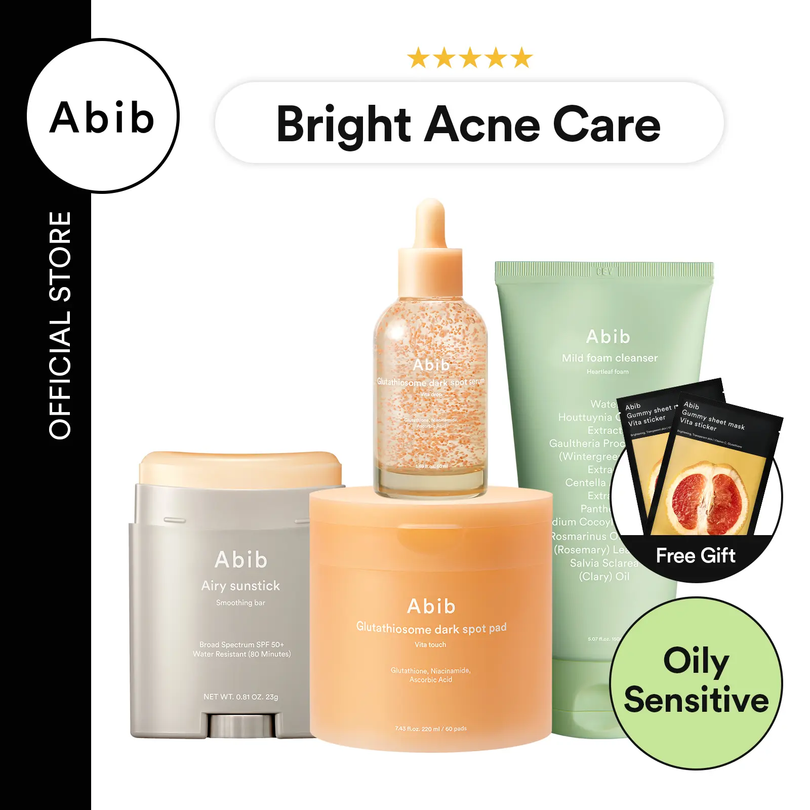 [Abib Official] Acne & Dark Spot Care Set | K-Beauty Viral Sunstick, No White Cast, Matte Finish, Gua-Sha Shape, Glutathione Brightening Serum, Heartleaf Cleansing Foam