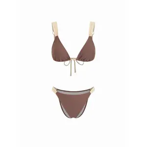 Cider High Stretch V-neck Colorblock Ring Detail Triangle Cheeky Bikini Set