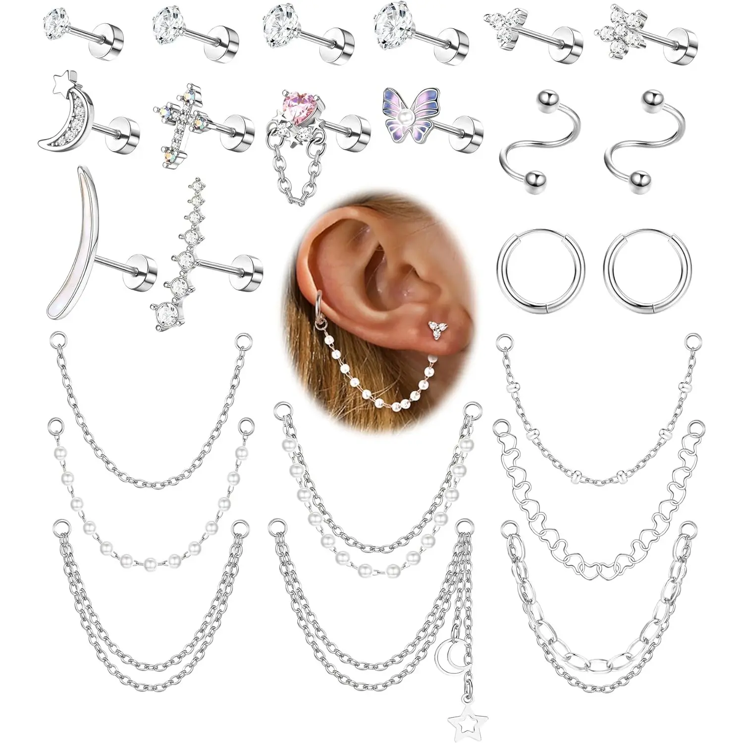 ZELORES Piercing Jewelry, 24-Pcs 20G Fashion Stainless Steel Set for Women with CZ Moissanite Studs, Small Hoops, Chain Dangles & Flat Backs for Cartilage, Earring Stacks, Flat Back Earrings