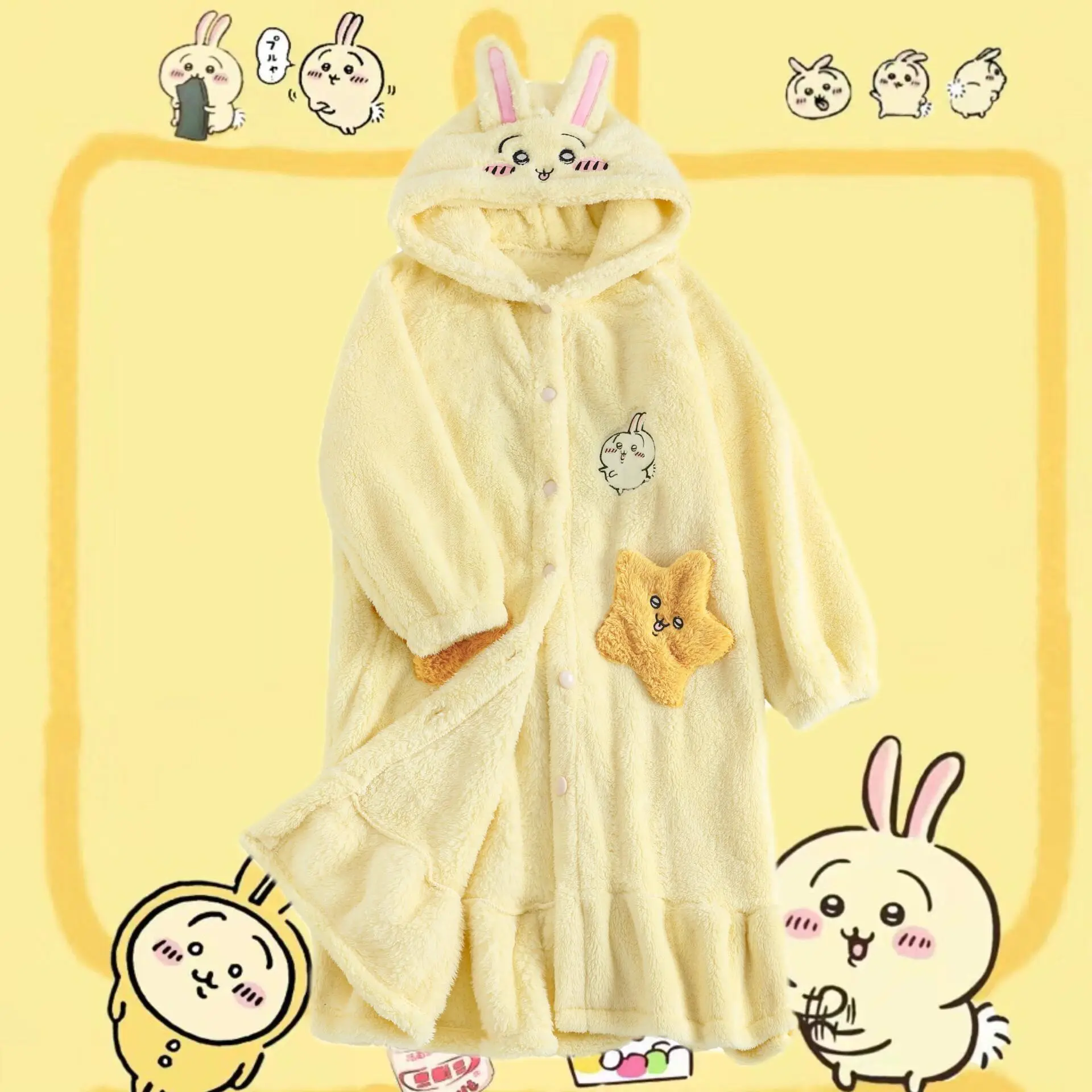 Autumn and winter Usaqi pajamas chiikawa nightgown for women cute coral velvet thickened home clothes