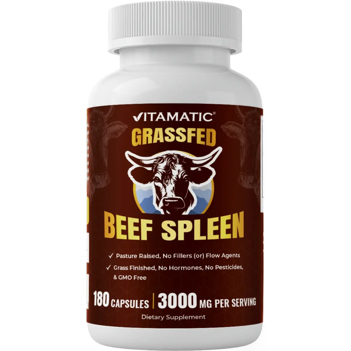 Vitamatic Grass-Fed Pasture-Raised Bovine Spleen Glandular Dietary Supplement - 180 Freeze-Dried Non-GMO Capsules, 3000mg Per Serving, Vitamin for Convenient Healthcare Support