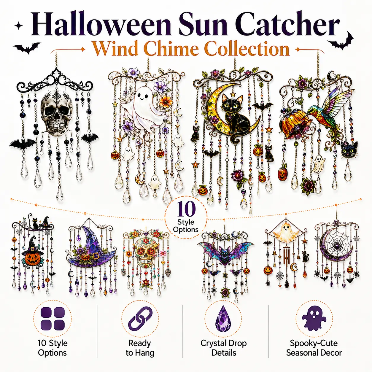 Halloween Wind Chime Hanging Decoration, Gothic Dream Catcher Suncatcher with Crystal Pendants, Skull Ghost Bat Witch Cat Spider Web Pumpkin Designs, Spooky Window Porch Wall Hanging Decor for Halloween Party & Home