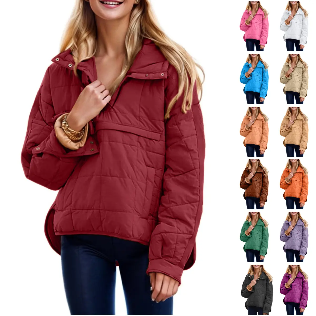 Molitree Women's Oversized Hooded Puffer Jacket - Quilted Pullover Coat with Button, Lightweight Cozy Fashion Cold Weather Gear, Easy Drape Loose Fit Keep Warm Outerwear with Pockets