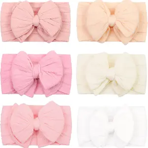 6 count Super Stretchy Soft Handmade Headbands with Double Bows  Wrap Nylon Hair Accessories For   Girls   (Pink)