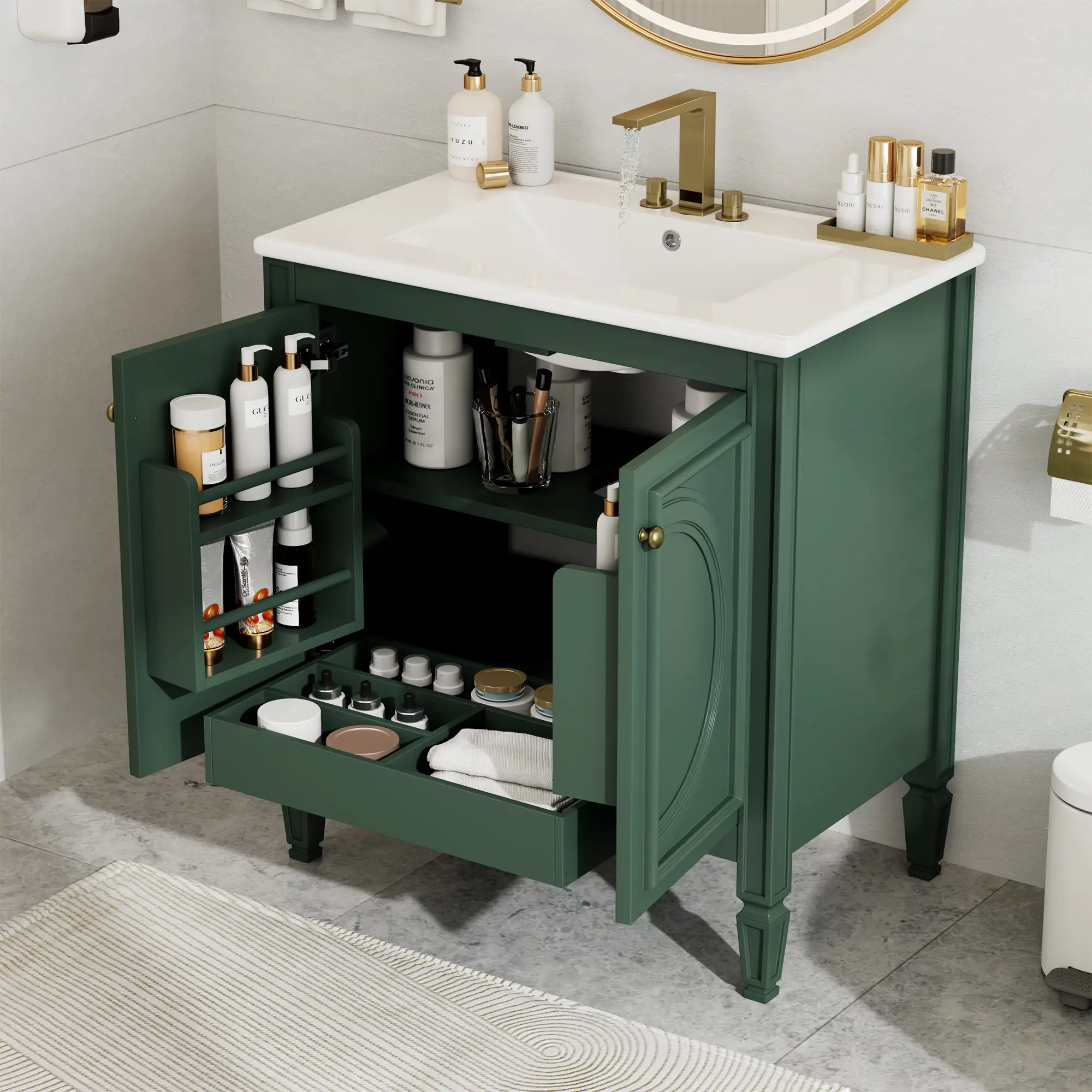 30-Inch Vintage Green Bathroom Vanity with Ceramic Sink, Soft-Close Doors, Drawer, and Adjustable Shelf, Real Wood and MDF
