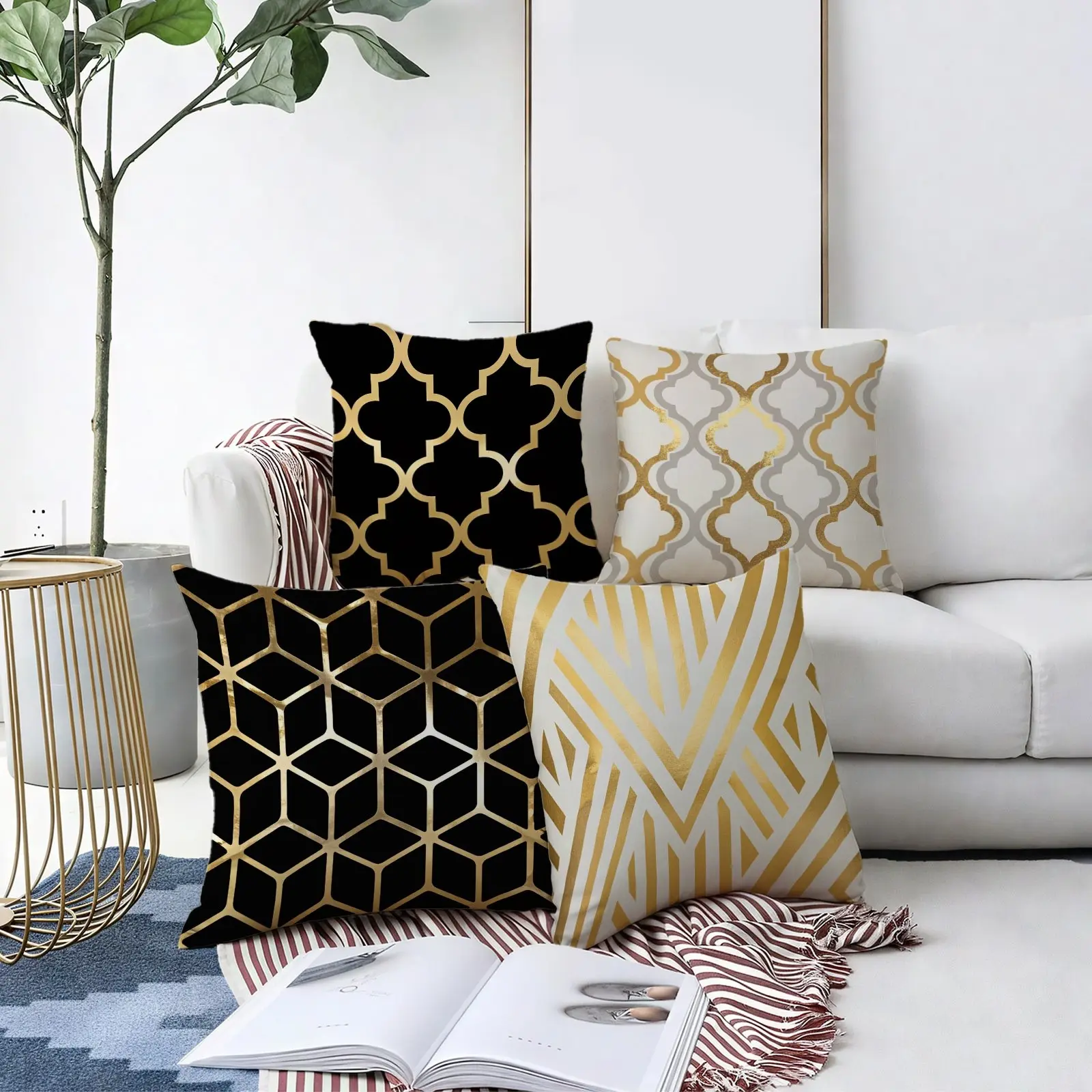 Luxury Black & Gold Geometric Pillowcase, 45cm Size, Multi - color Option, Elegant Ornate Pattern, Suitable for Home Decoration, Soft & Durable Fabric, Ideal for Living Room, Bedroom Styling