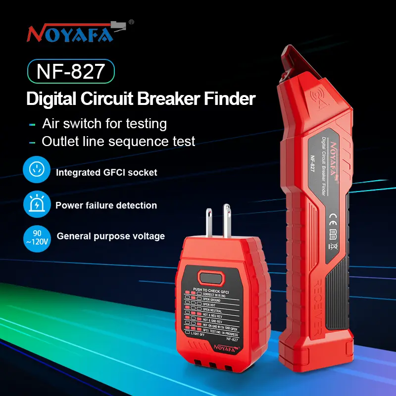 NOYAFA NF-827 Digital Circuit Breaker Finder - Electrical Voltage Tester with 90-120V AC Detection, Integrated GFCI Outlet Checker, Air Switch Tester, Transmitter+Receiver & Audible Beeping Power Failure Detector