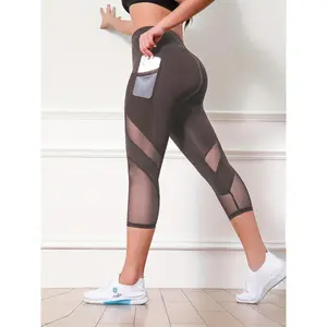 Mesh Contrast Color Breathable Quick-Drying Sports Capri Leggings with Pockets, High Waist Yoga Running Tight Capri Pants, Women's Sportswear