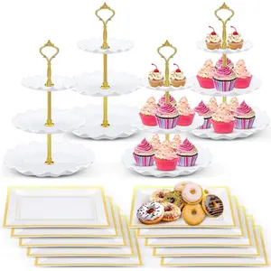 14 Pcs Dessert Table Stands Set 3 Tier Cupcake Stands Cookie Display Gold Rim Dessert Serving Tray for Wedding Birthday Bridal Baby Shower (White and Gold)