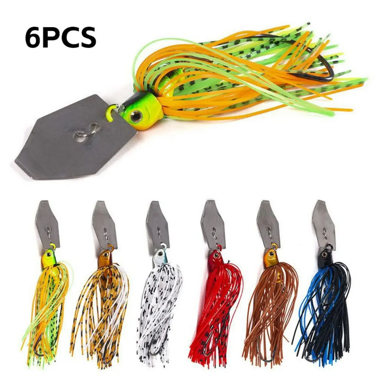6pcs Blade Metal Bait Fishing Lures 0.42oz/3.93inch with Rubber Skirt Artificial Wobbler Buzzbait Jigging Lure Spinner Spoon for Pike