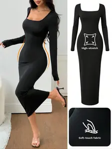 Women's Spring Autumn Basic Knit Fitted Square Neck Long Sleeve Dress, High Stretch Bodycon Maxi Dress, Casual Fashion, Casual Wear, Womenswear