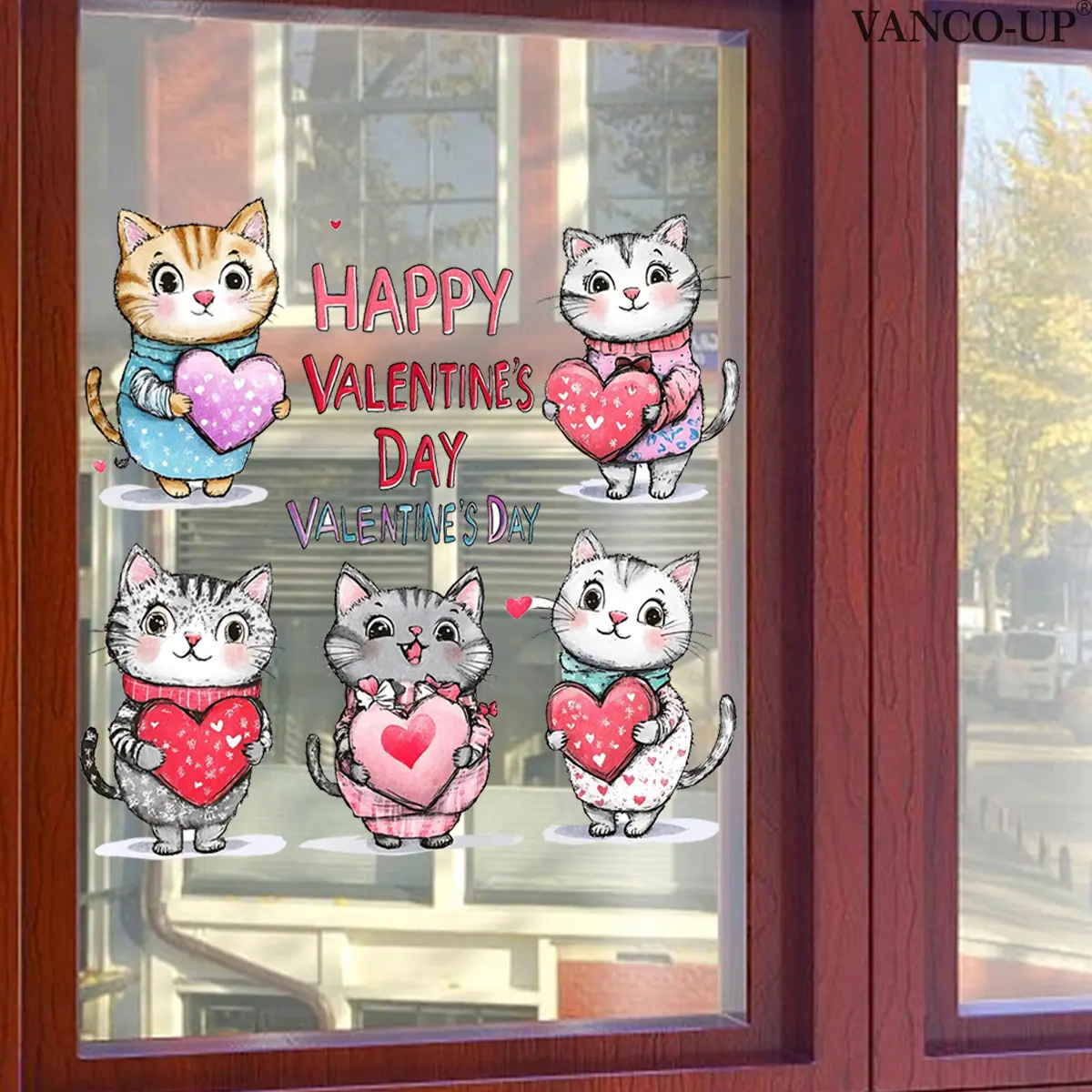 Valentine's Day Cat Heart Window Sticker, 30x30cm 2D Static Cling, Holiday Decoration Background, Ha1025-Yc