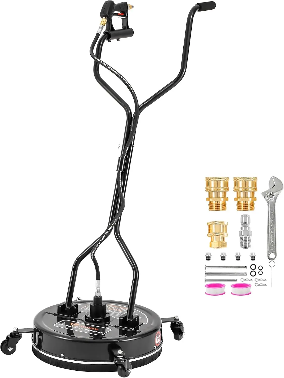 FIXFANS 20-Inch Pressure Washer Surface Cleaner Attachment, 4500 PSI Splashfree Clean Tool with 4 Wheels, Dual Handles, Built-in Filter, 3/8" QC Inlet, ABS Plastic Adapter Set - Commercial Pressure Washer Attachments for Driveways, Decks