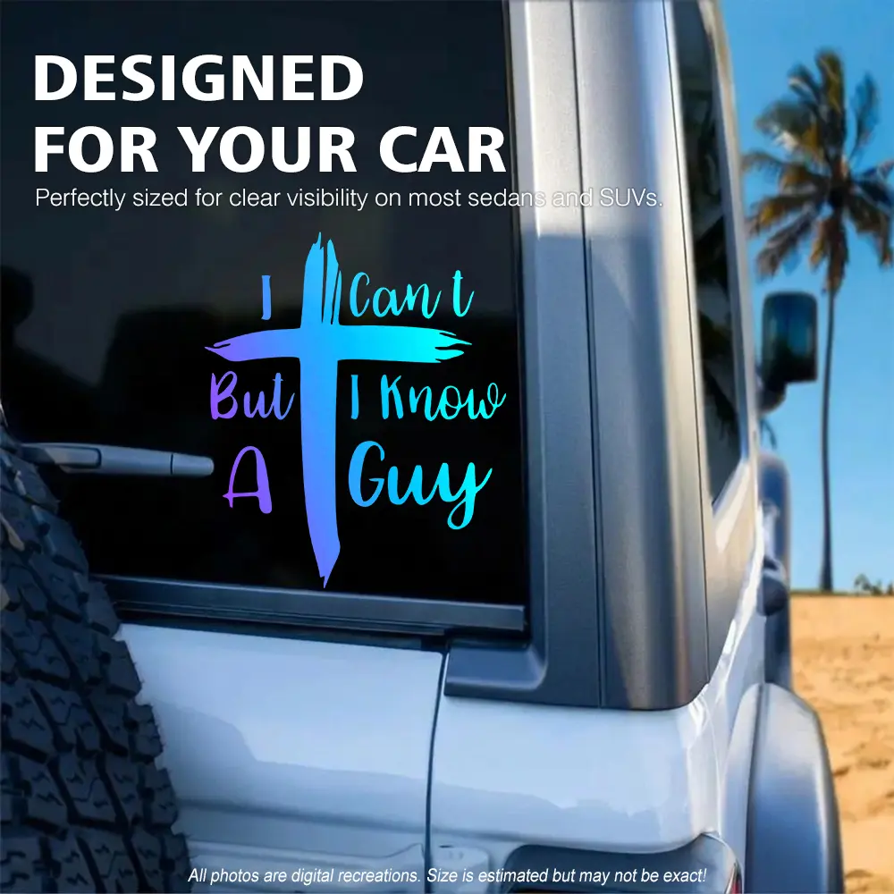 Glow in the Dark Christian Car Decal, I Can't But I Know A Guy Cross Faith Sticker, Chameleon Fluorescent PET Auto Bumper Window & Tumbler Decor, Fade-Resistant