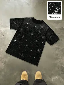 Men's Rhinestone Cross Star Print Oversized T Shirt, Y2K Grunge Aesthetic Full Rhinestone Tee, Streetwear Bling Sparkly Top for Daily, Party #springsaledeals2026 #summeroutfits #tiktokshopmademebuyit #menfashion