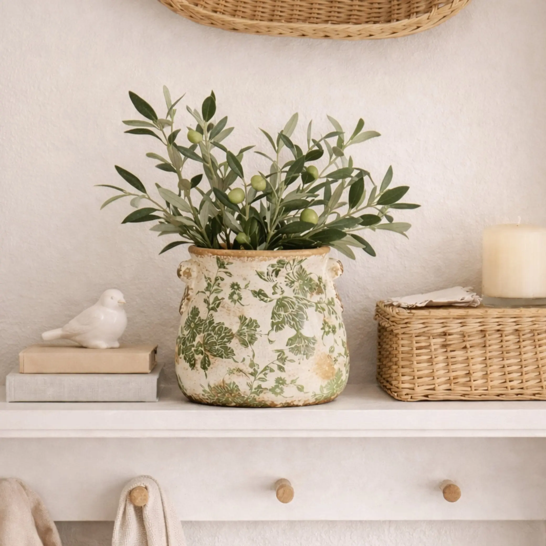 Vintage 6.5” Tuscan Green Scroll Ceramic Indoor Planter Pot - Home Garden Decor, 1-Piece Garden Supplies for Home Improvement (Indoor Planter Pots Category), Planter Pot Ceramic