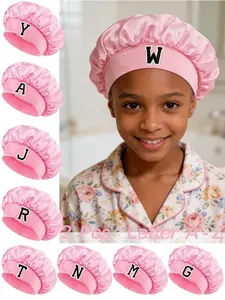 2Piece Children's Hat A-Z Letters Pink Elastic Wide-Brim Silky Satin Bonnet - Secure-Fit Sleep Cap For Hair Protection, Ultra-Soft Breathable Design With Non-Slip Inner Band