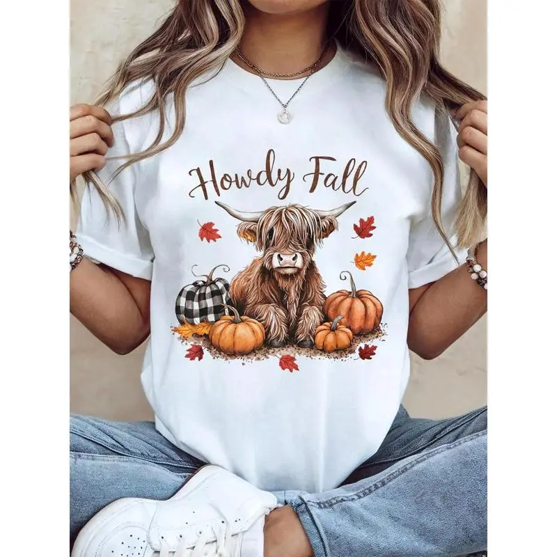Howdy Fall Graphic T-Shirt, Women's Casual Thanksgiving Highland Cow Print Short Sleeve Round Neck Autumn Top, Shortsleeve, Tshirt, Women's Tops, T Shirts For Women