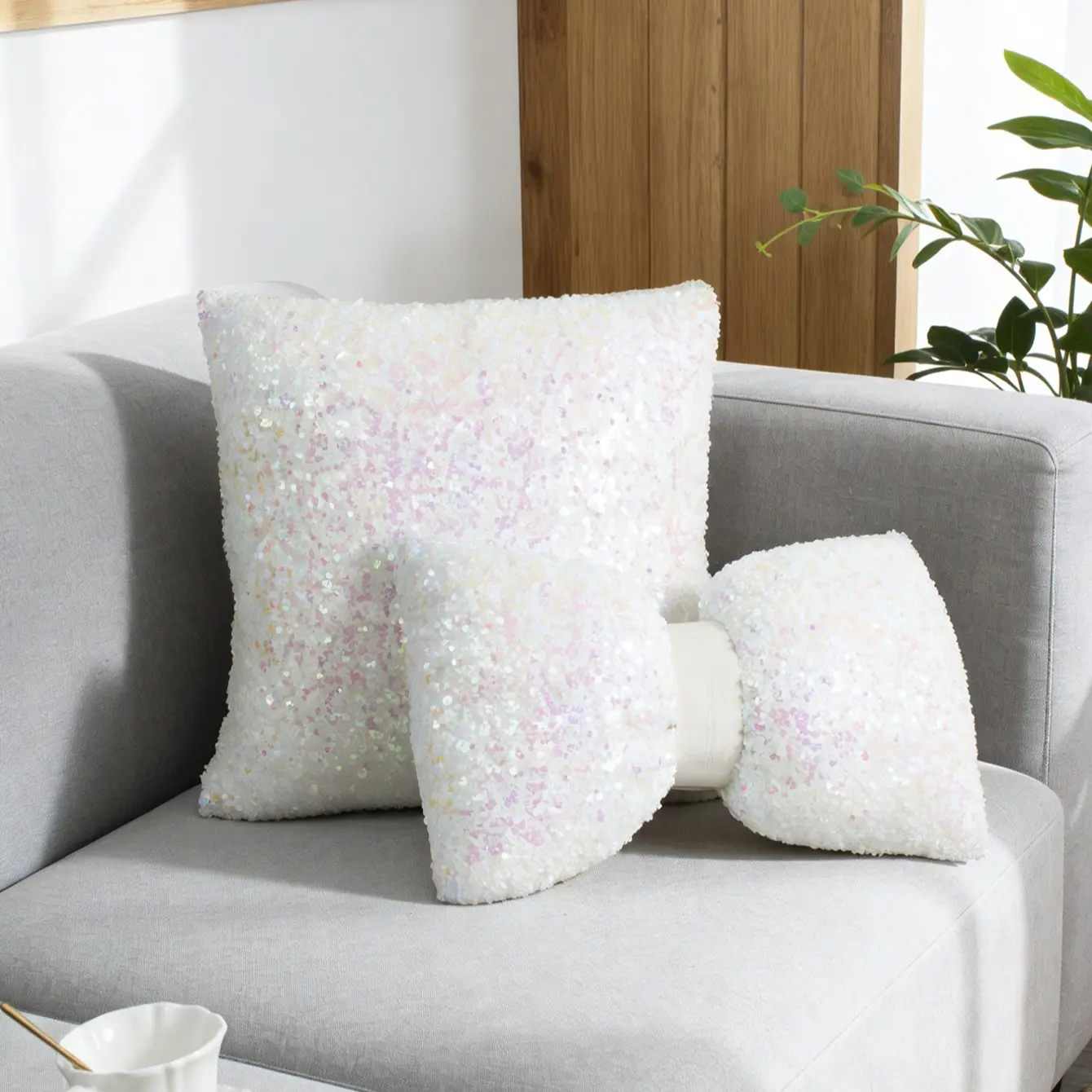 Sequins Square Pillow Cover, Nordic Wedding Fashion Trend, Detachable Bowknot, Living Room Bedroom Decor, 30x50cm 45x45cm, All Season Use, Bedroom Decorative Accessories