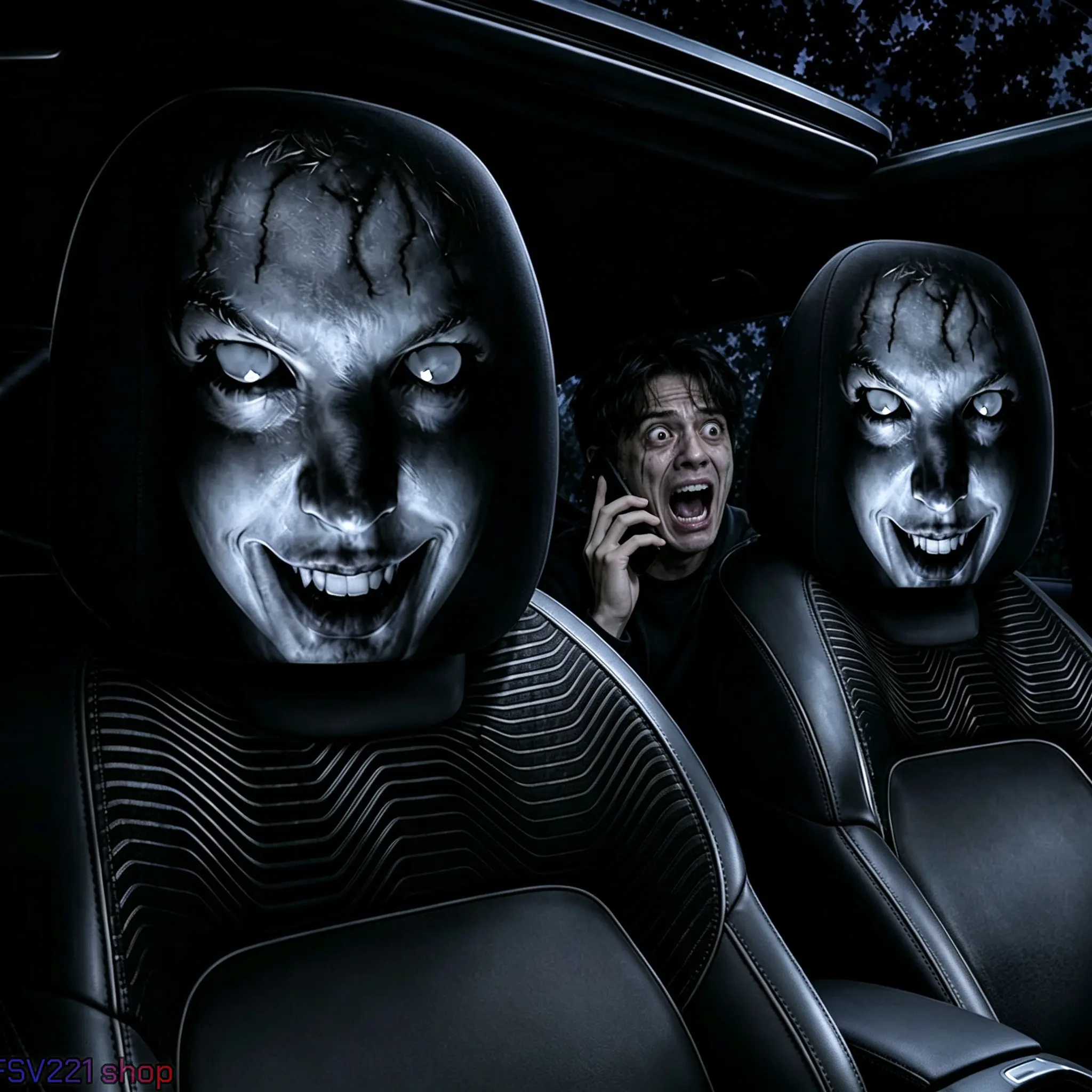 Spooky Ghost-Face Car Headrest Cover - 1 Pc Horror Theme Accessory, Easy Installation Washable Stretch Double-Sided Printing, Stretchy Automotive Decor for Halloween Pranks, Fashionable Vehicle Interior Accessory, Auto Accessories, Cool Car Decorations ca