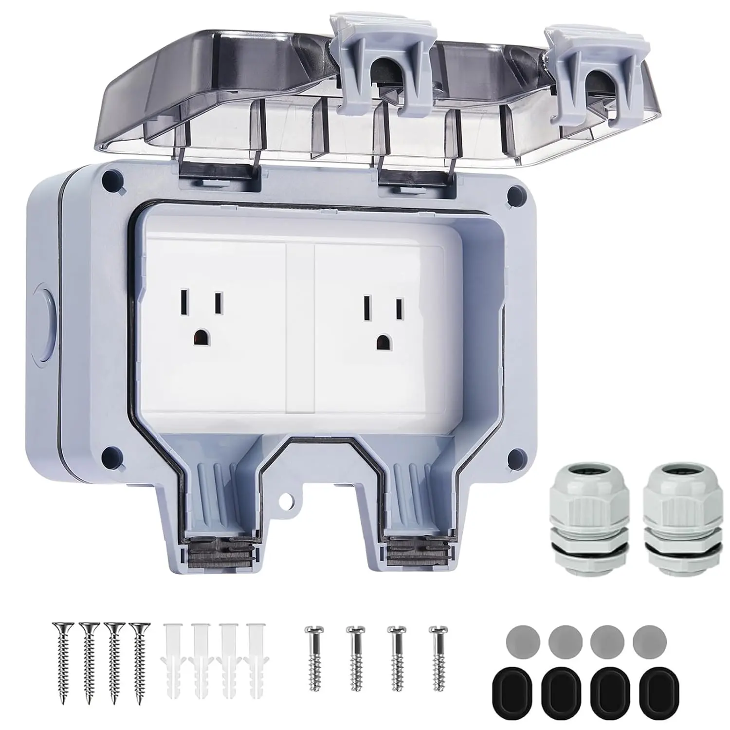 15 Amp Outlet Box, Dual NEMA 5-15 with Waterproof Cover, 125V Outlet, Lockable Wall Plug Box, IP66, Clear/Gray