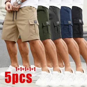 5-Pack Men’s Quick-Dry Cargo Shorts, Lightweight Multi-Pocket Casual Shorts with Elastic Drawstring Waist, Loose-Fit Work Shorts for Outdoor Hiking, Daily Commute & Streetwear Fashion
