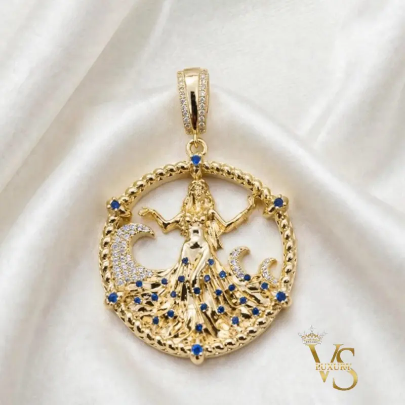 Valdes Luxury – Yemaya Medal Pendant 14K Gold Plated Laminated Finish with Blue & Clear Stones