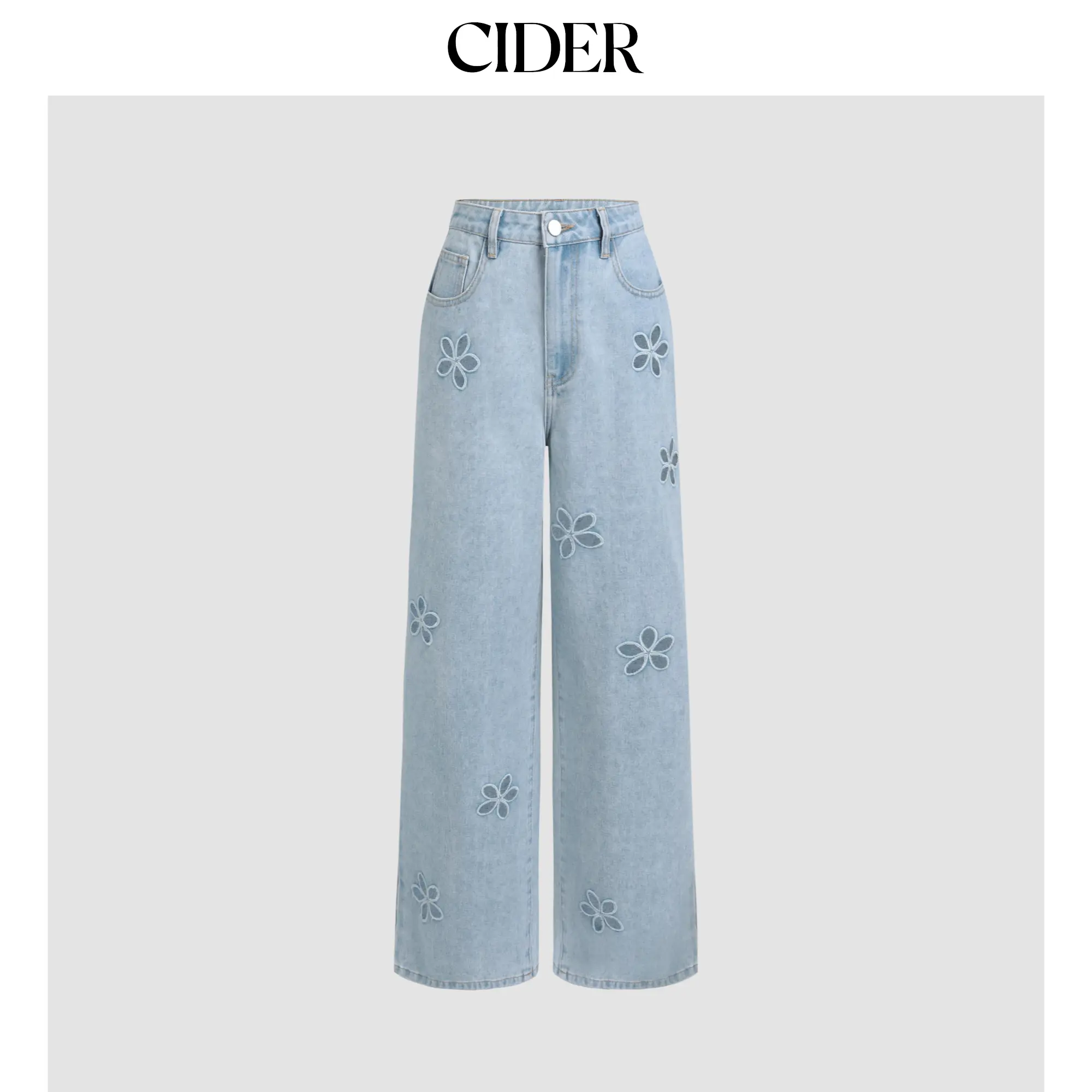 Cider Women's Mid Waist Wide-Leg Denim Jeans with Floral Pocket Detail, Casual Streetwear Bottom