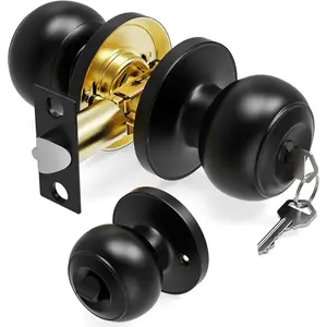 Door Knob with Lock and Key, Door Knobs Keyed Entry Door Knobs, Interior and Exterior Door Lock for Front Doors, Bedroom & Bathroom Round Door Knob Matte Black Finish, 1 Pack