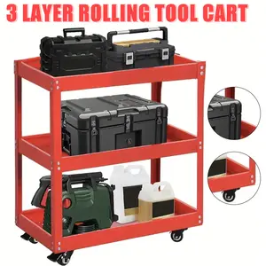 3 layer rolling tool cart, heavy steel utility vehicle with hooks, garage trolley, DIY tool rack for organizing tool storage carts in garages, warehouses and repair shops